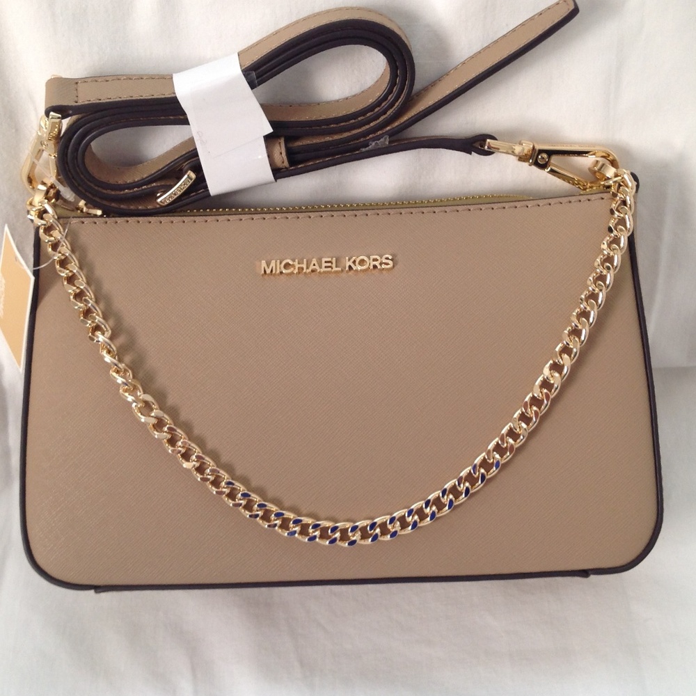 Michael Kors Jet Set Leather Crossbody Beige/Tan Saffiano with Gold Chain